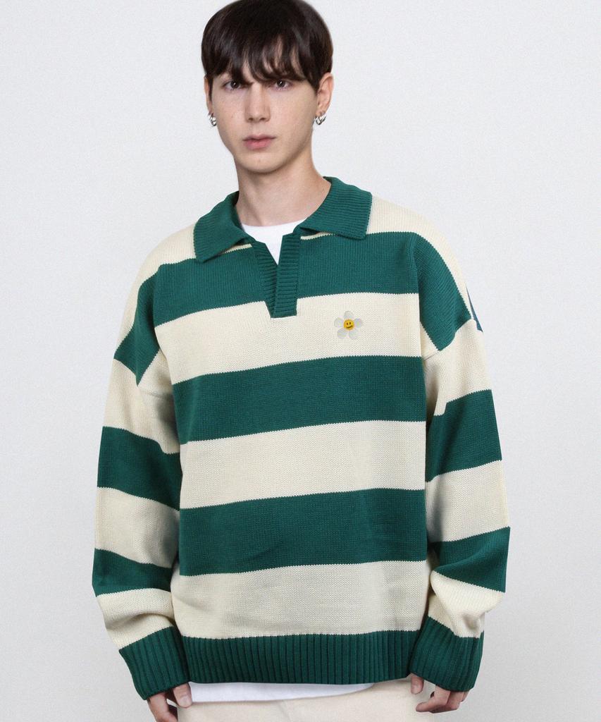GRAVER [Unisex] Flower Dot Embroidered Striped Collar Knit_Green