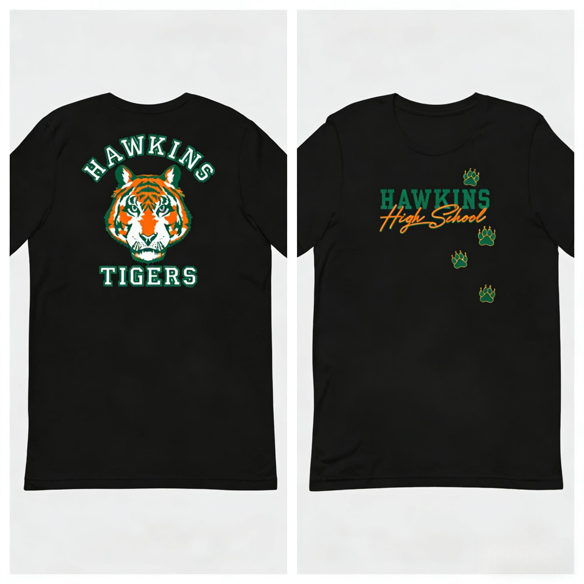 TV drama Stranger Hawkins High tiger Logo graphics 100Cotton Tshirt unisex Vintage Fashion Short Sleeve Mens shirt Streetwear S