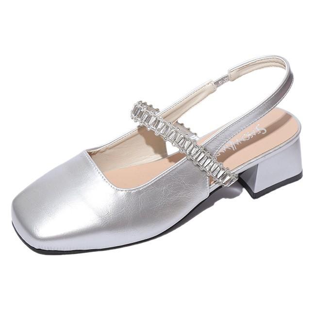 Thick heel Mary Jane bag head sandals female 2025 summer new fairy wind water diamond word with square head shallow mouth single shoes