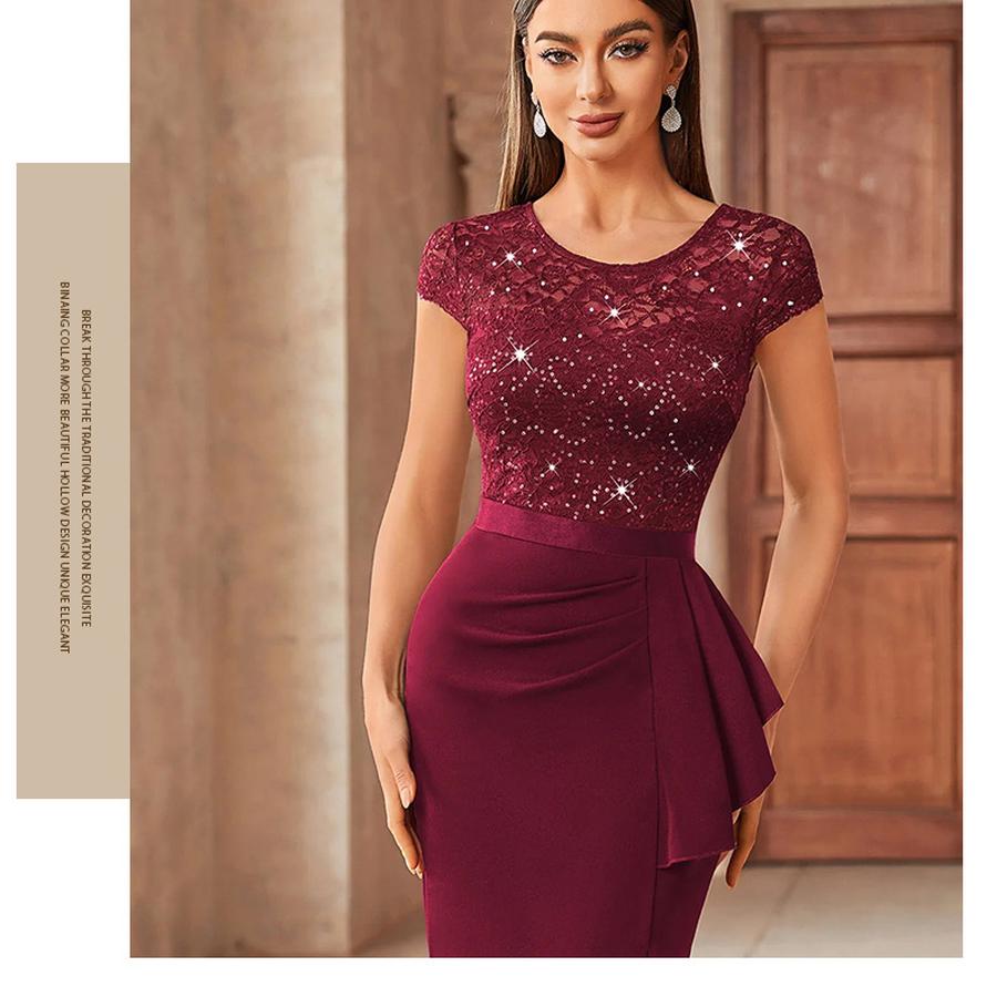 New Elegant High-Waisted Lace Bodycon Dress with Slit for Women