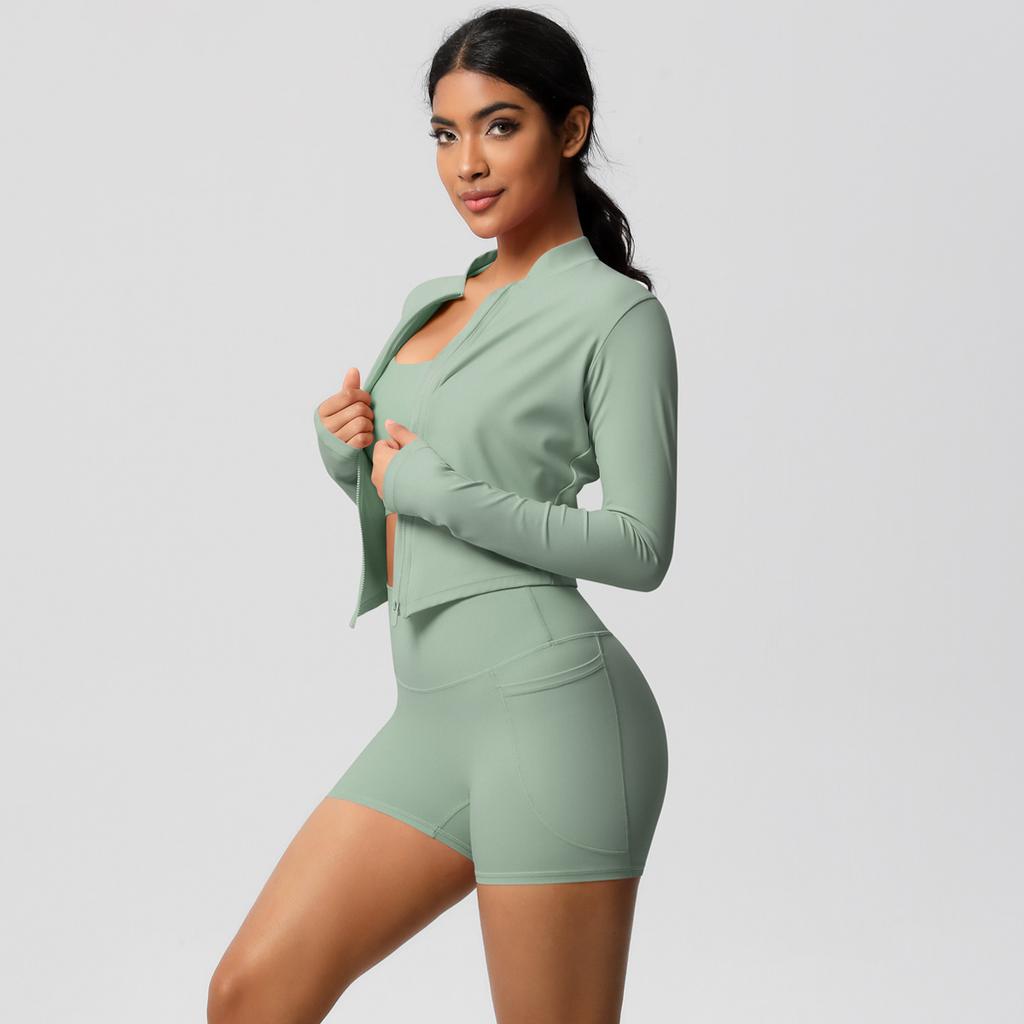 High Waisted Brushed Tight Pocket Yoga Suit, Cloud Sensing Quick Drying Exercise Three Piece Set, Outdoor Leisure Running Fitness Set, Women'S