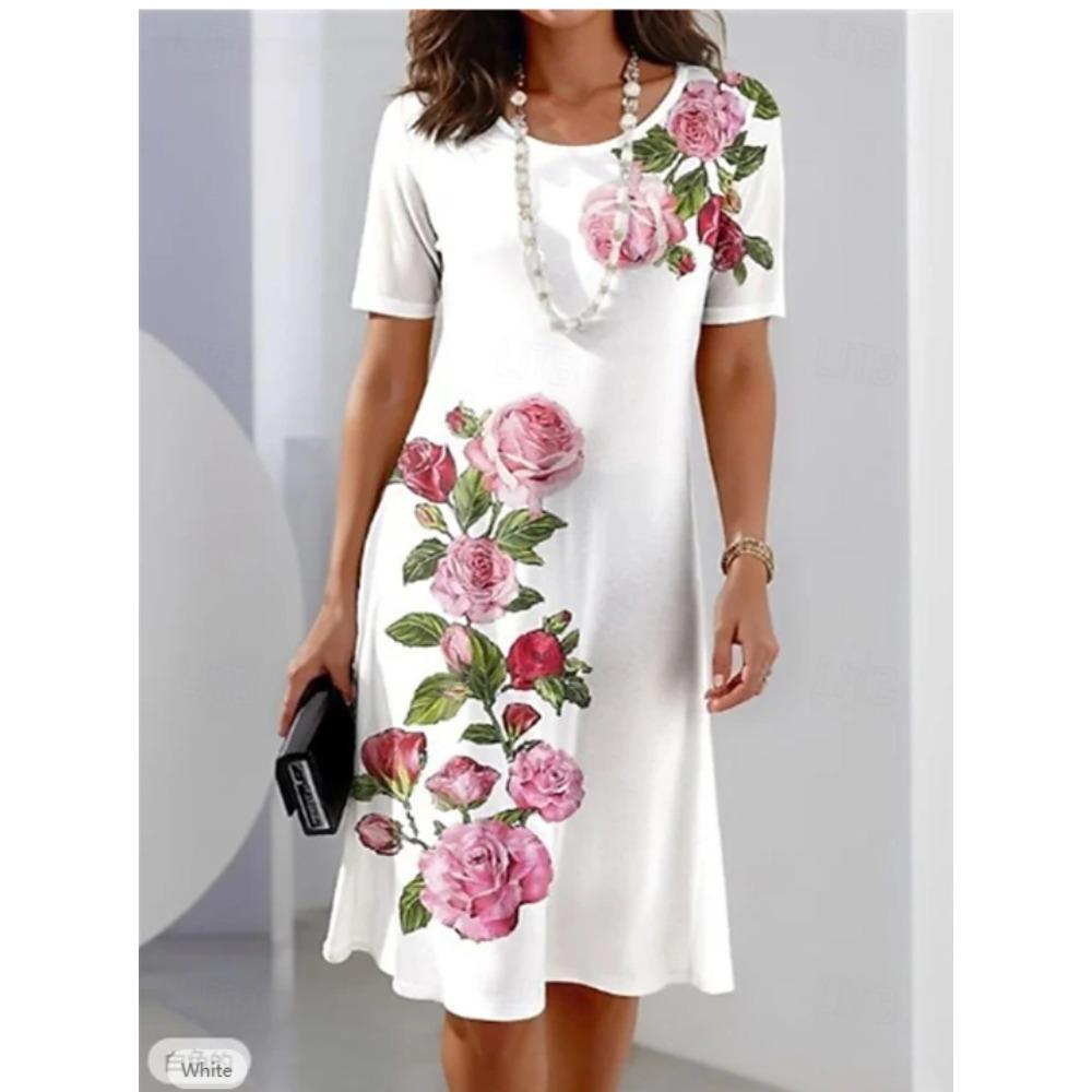 Damen Mode Blumenmuster Druck Sommer Frühling Kurzarm Rundhals Freizeitkleider