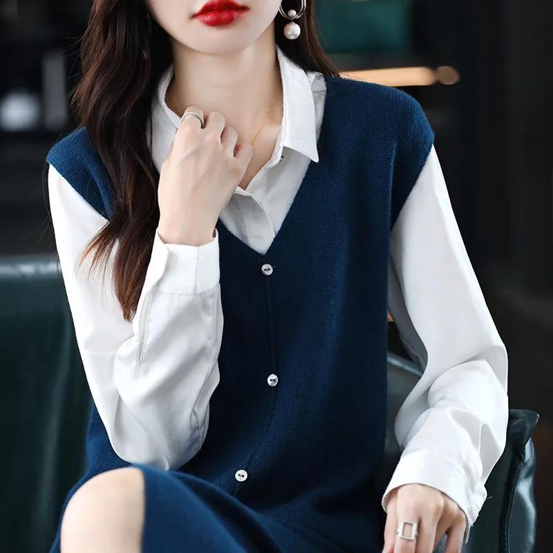 Women Medium To Long Knitted Knee Length Vest Autumn Sleeveless  Solid Skirt