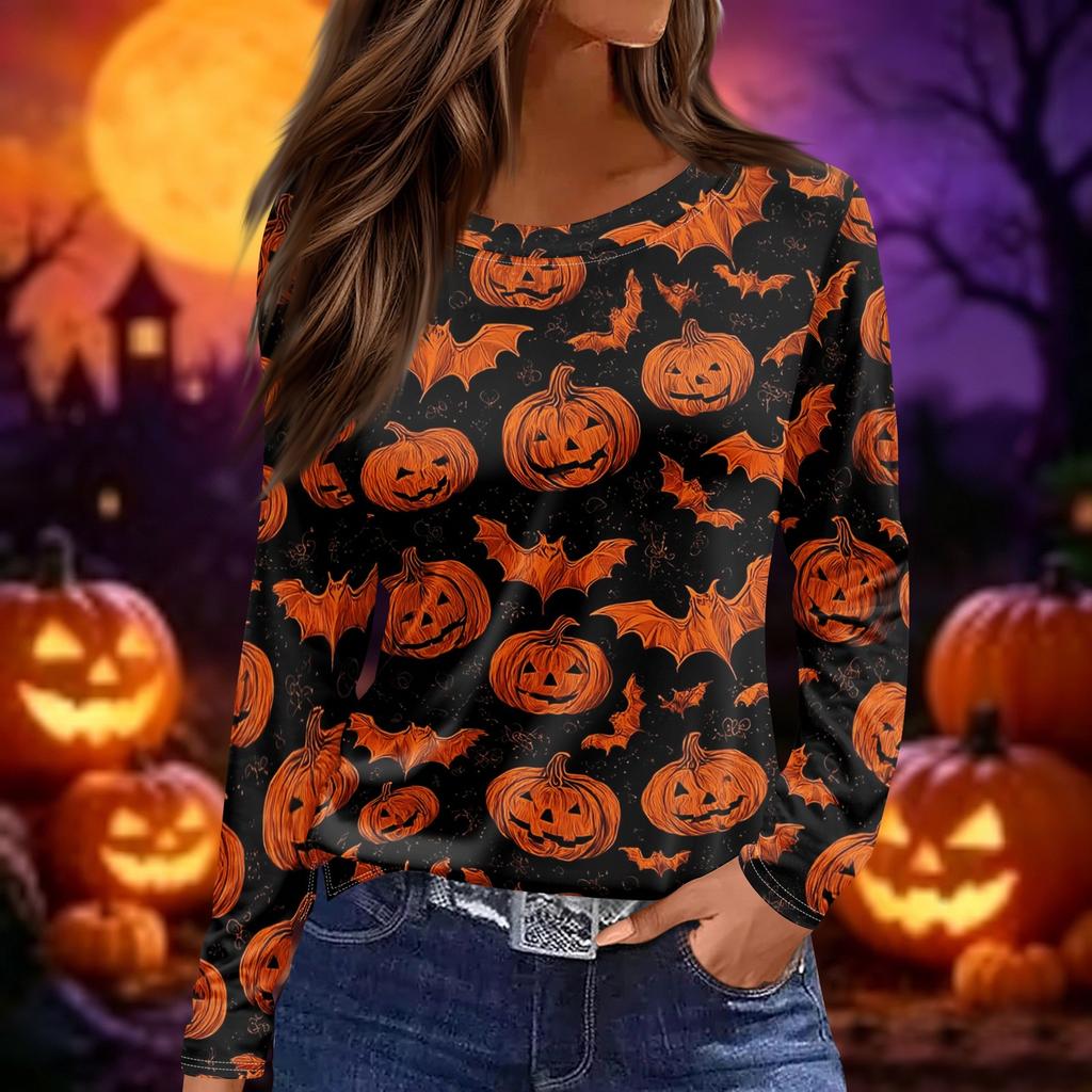 Women's Long Sleeve Halloween Print Top Round Neck Casual Pullover Shirt with Split Hem Lightweight Fabric for Seasonal Wear