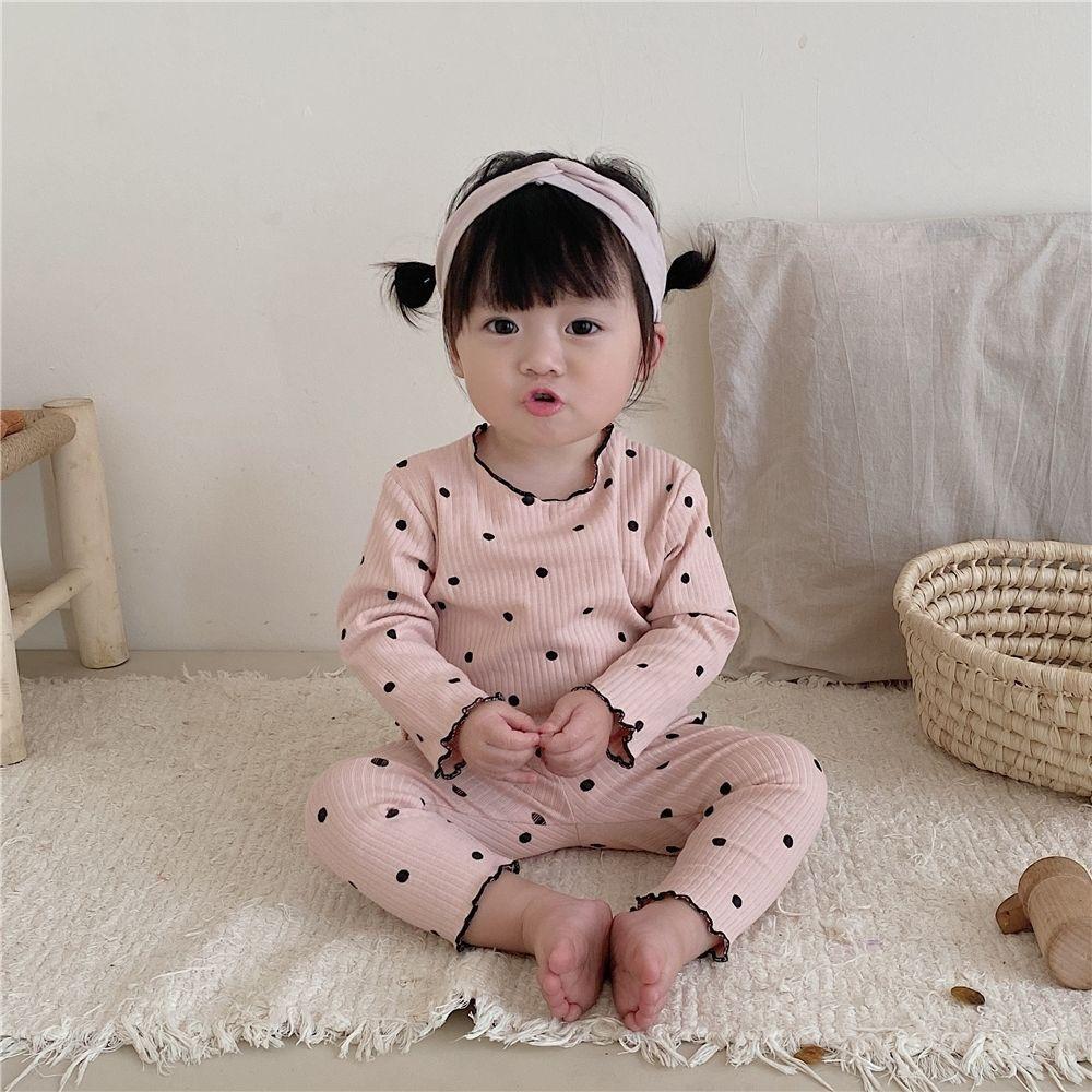 Girls' Home Clothes Baby Girls' Long Sleeve Ribbed Pit Bar Pajamas Two Piece Set with Mushroom Edges