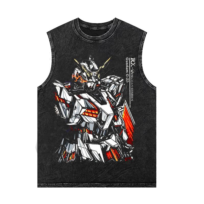 Anime Gundam Men's Tank Tops Printed Summer Women's Gym T Shirts Oversized Vintage Washed Vest Sleeveless Shirt Y2k Clothes