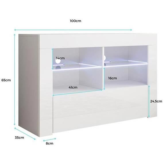 Meuble TV de salon avec LED | Blanc brillant | 1 Porte avec 6 Compartiments | 100 x 65 x 35cm | Modèle Lilian