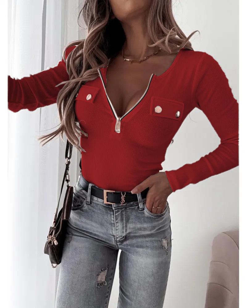 2025 Women's Ribbed Knit Slim-Fit V-Neck Long Sleeve Pullover with Metal Zipper