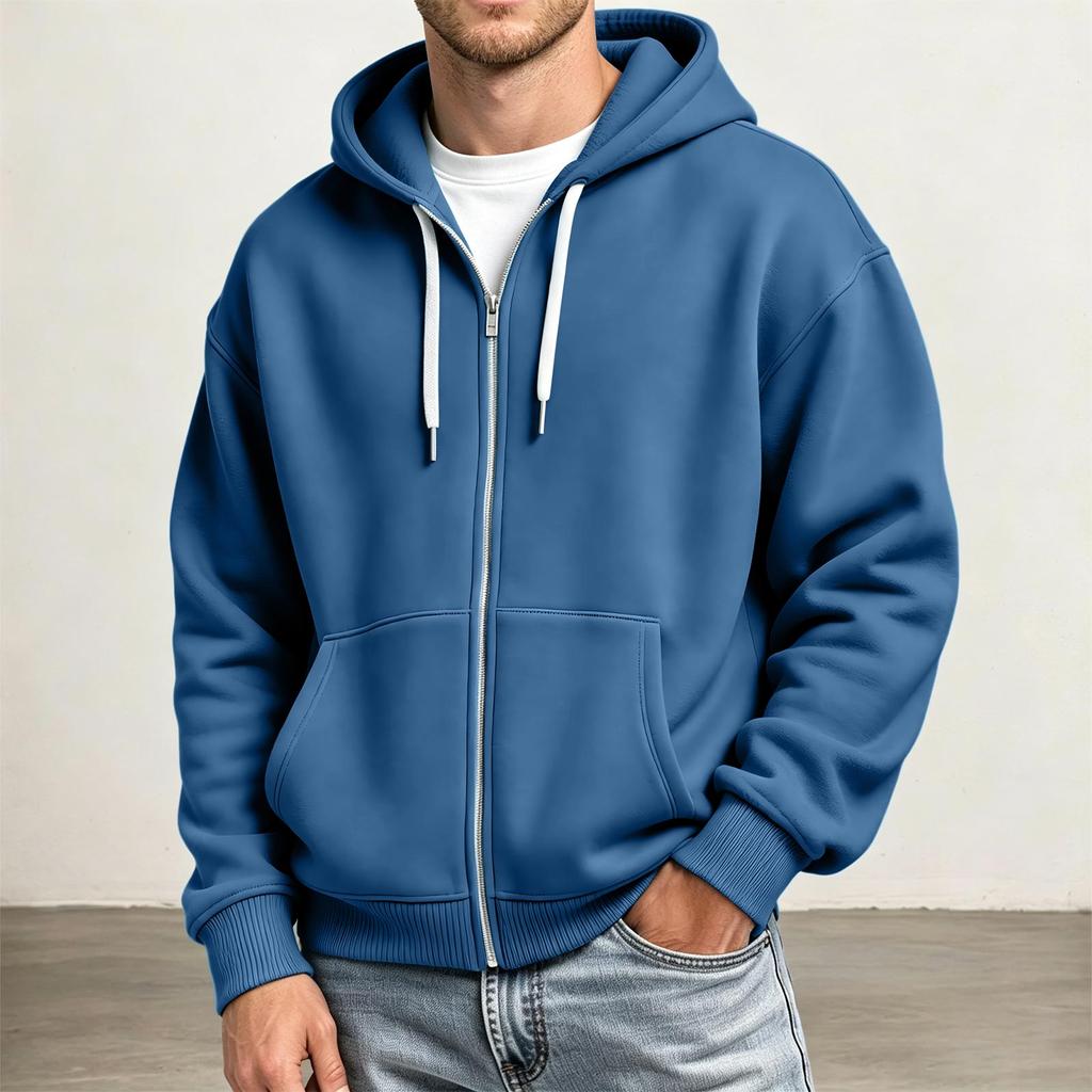 Men's Full Zip Hoodie Drop Shoulder Sleeves, Casual Long Sleeve Sweatshirt for Everyday Wear