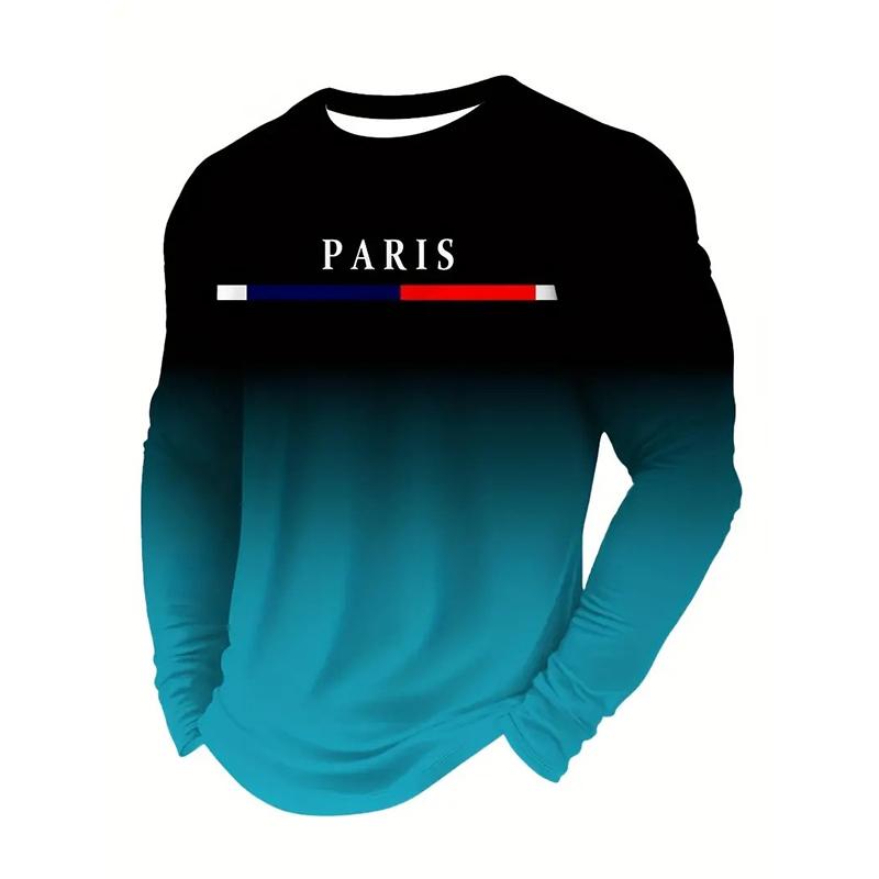 Text Paris France Solid Casual Long Sleeve T-shirt For Men Clothing Sport Fitness Breathable Loose T Shirts Print Gradient Tee