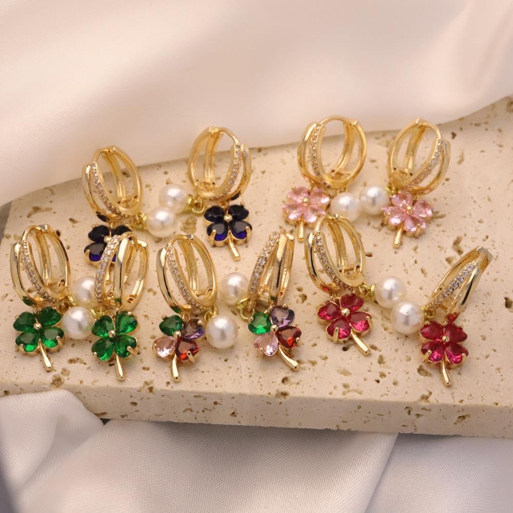 1 Pair Fashion Colorful Four-leaf Clover Zirconia with Imitation Pearls Dangle Earrings for Women Golden Earring Jewelry Wedding Party Accessories