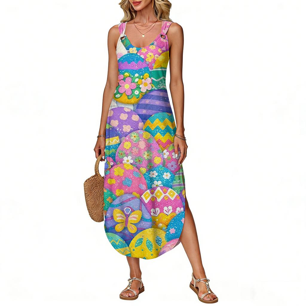 Robe d'été longue pour femme, sans manches avec fente latérale, longue robe débardeur imprimée pour Pâques