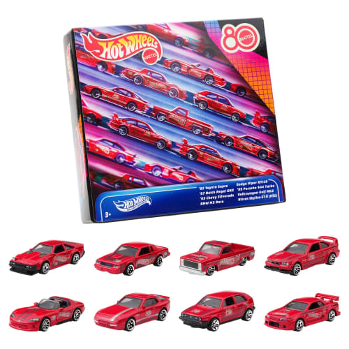 Hot Wheels Mattel 80th Anniversary 8-Pack Vehicle Toy Mini Cars, Ages 3 and Up, Red, JGK09