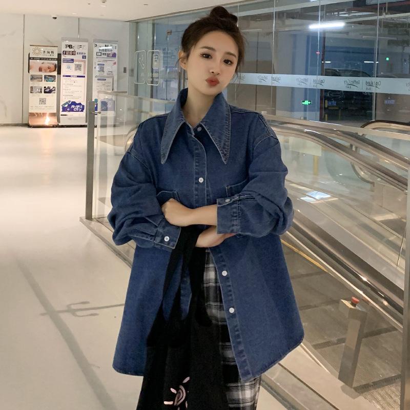 Autumn/Winter Korean-Style Loose Denim Oversized Pointed Collar Shirt Jacket