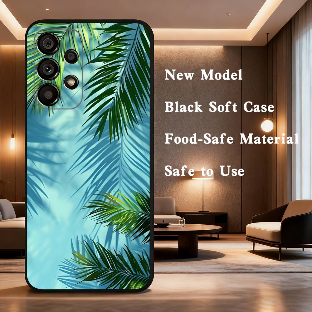 Handyhülle mit Palmenblatt-Motiv für Samsung Galaxy A73, 31, 32, 72, 41, 53, 52, 71, 22, 5G, Note, J7, 8, 9 – Weiche, schwarze Hülle