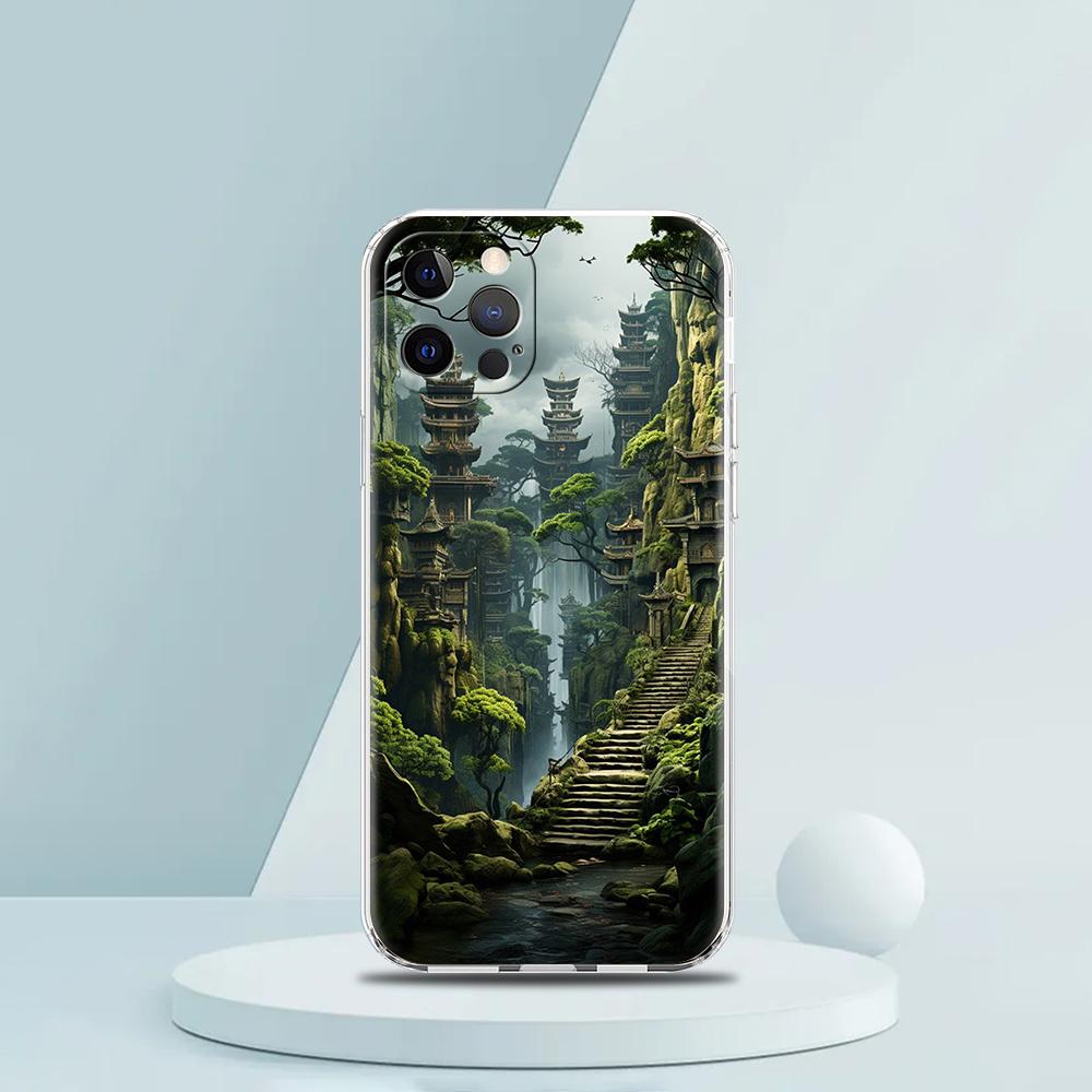 For iPhone 15 16 14 13 12 mini 11 Pro Max XS X XR SE 7 8 Plus Silicone Clear Cover Landscape Art Luxury Phone Case