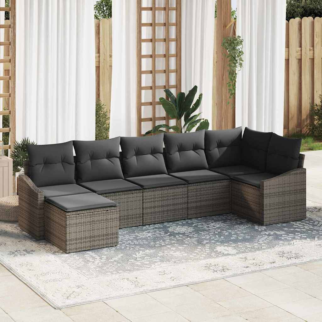 7 Piece Sofa Set with Cushions Gray Poly Rattan