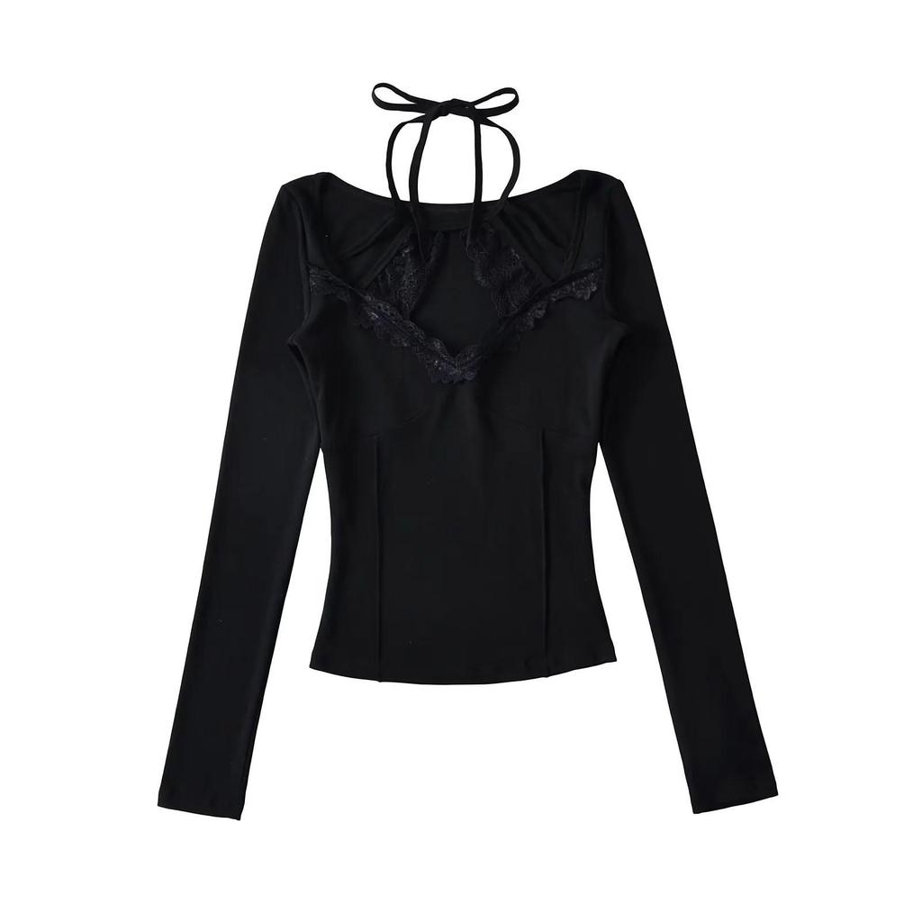 2025 Spring/Summer Women's Slim Fit Halter Neck Long Sleeve Lace Top