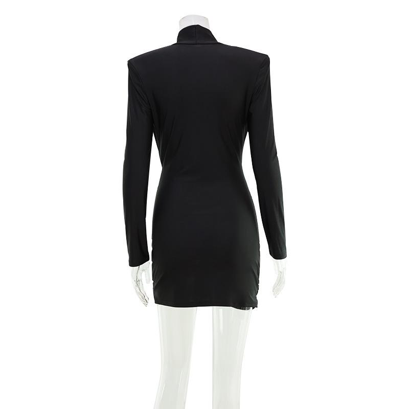 High Neck Long Sleeve Waist Slimming Bodycon Dress Women Fall New Elegant Office Irregular Hem