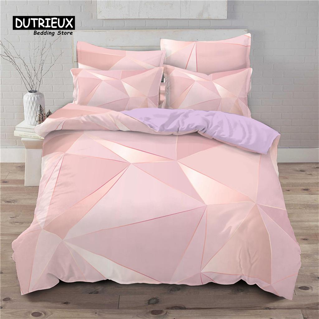 Modern Pink Geometric Bedding Set Soft Microfiber Black Marble Triangles Print Duvet Cover King With Pillowcases Bedroom Decor