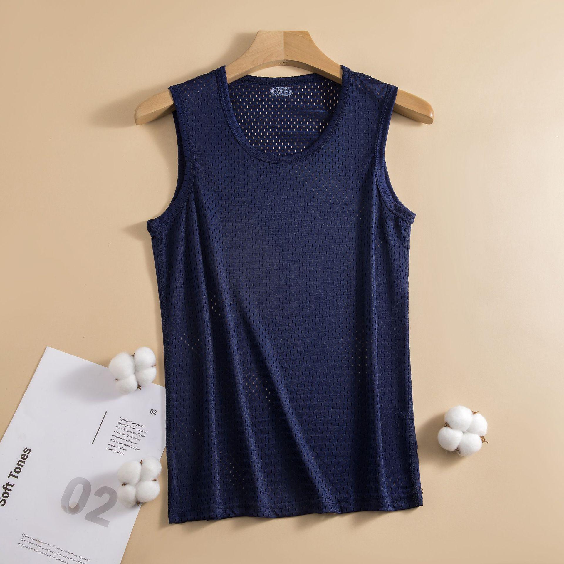 

Мужская модная майка-борцовка из сетки ледяного шелка с быстрой сушкой: Без рукавов, Свободный крой, Майка для фитнеса с широкими плечами L (90-110 lbs) темно-синий