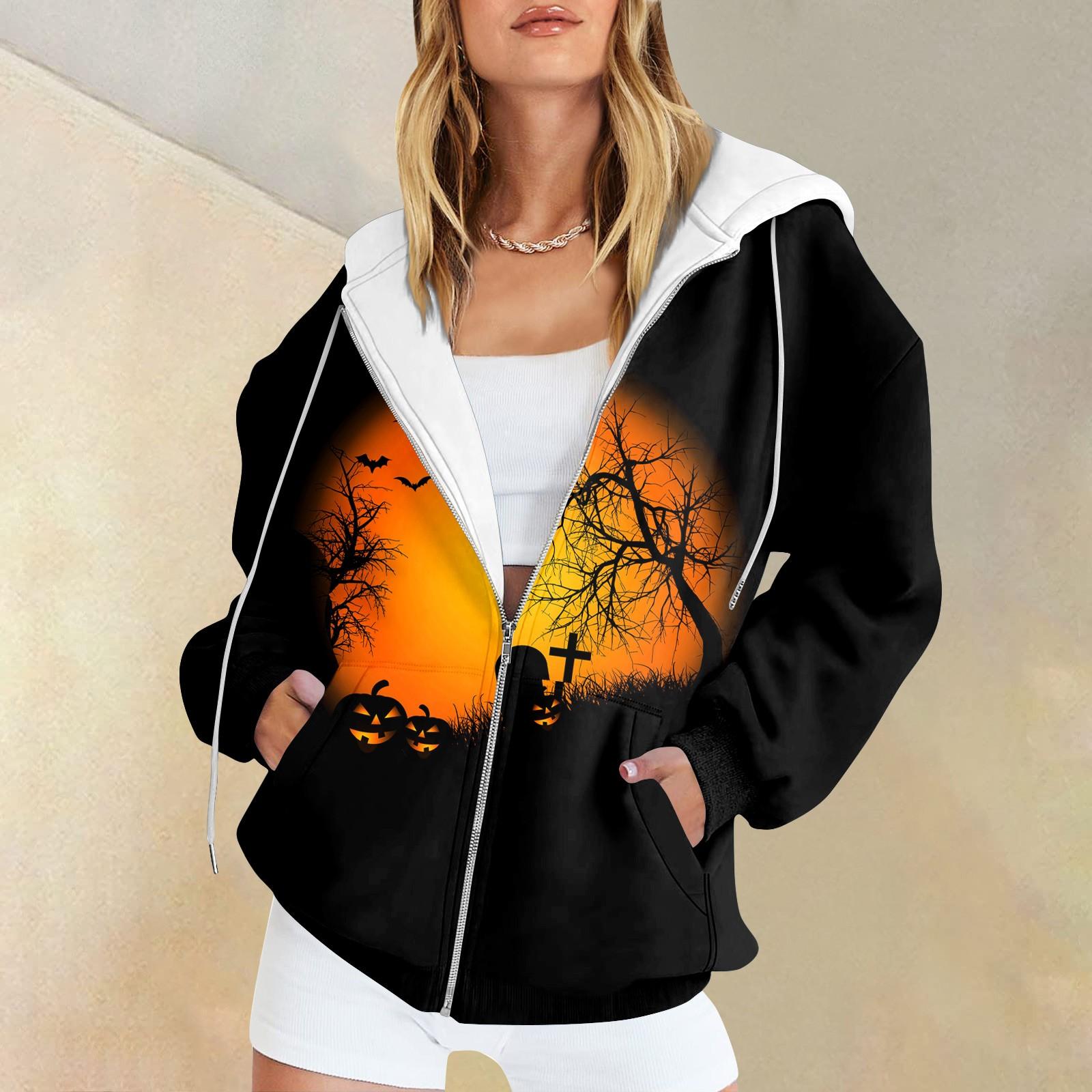 

Женская мода повседневная толстовка с принтом на Хэллоуин осень-зима с длинным рукавом кардиган с карманами на молнии куртка с капюшоном M