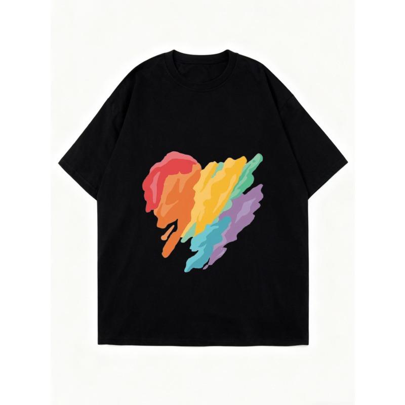 Oversize Women's Short-Sleeve T-Shirt with Rainbow Brushstroke Heart Print