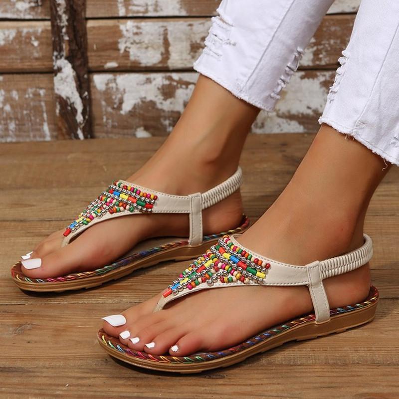 Spring and Summer Footwear Plus Size Sandals Flat Bottom Comfortable Round Head Soft Bottom Rhinestone Women's Shoes