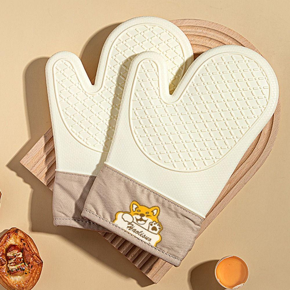 2pcs Thickened Silicone Heat Insulation Gloves Heat Resistant Cotton Oven Gloves Non-Slip Kitchen Hand Clamps Kitchen