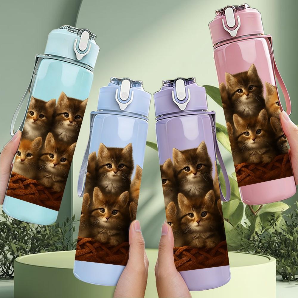 1PC Group Of Fluffy Kittens Print 750ml Color Plastic Sports Water Bottle Leakproof Flip Straw Lid Suitable for Sports Office Home Use