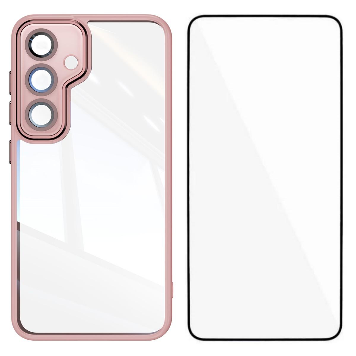 

For Samsung Galaxy S24 TPU Case WANLONFENG Shockproof Clear Phone Cover with Tempered Glass Film Pink