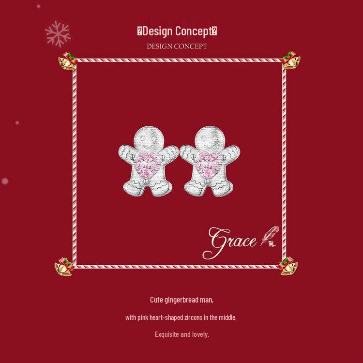 Yinziyun Gingerbread Man and Pink Heart Zircon S925 Sterling Silver Stud Earrings for Women