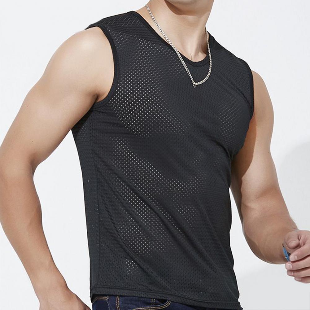 Summer Men Vest Hollow Mesh Sleeveless O Neck Solid Color Plus Size Quick Dry Good Breathability Basketball Gym Workout Tank Top