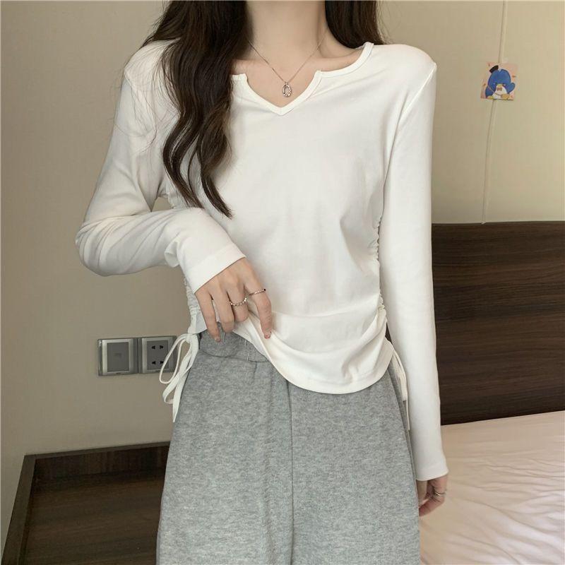 Women's Design Drawstring V-neck T-shirt Early Spring Autumn Short Style Covering the Belly Slimming Long Sleeves Trendy