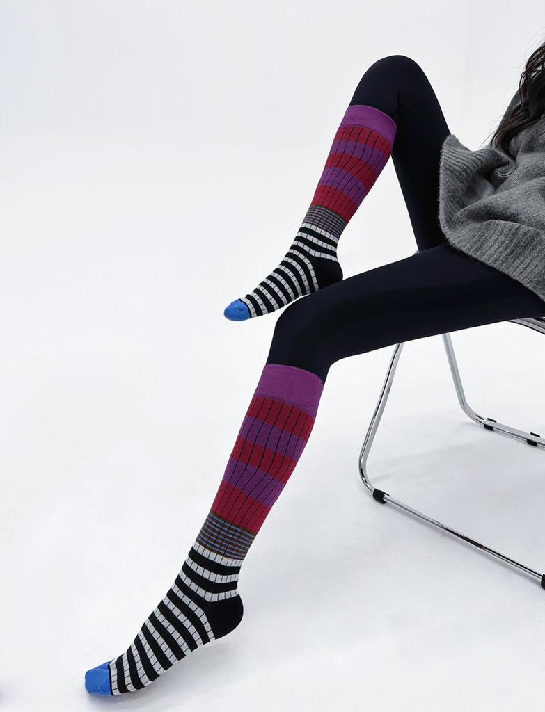 Striped Retro Contrasting Calf Socks Double Needle Knee Stacking Socks Personalized Fashion Pure Cotton Socks