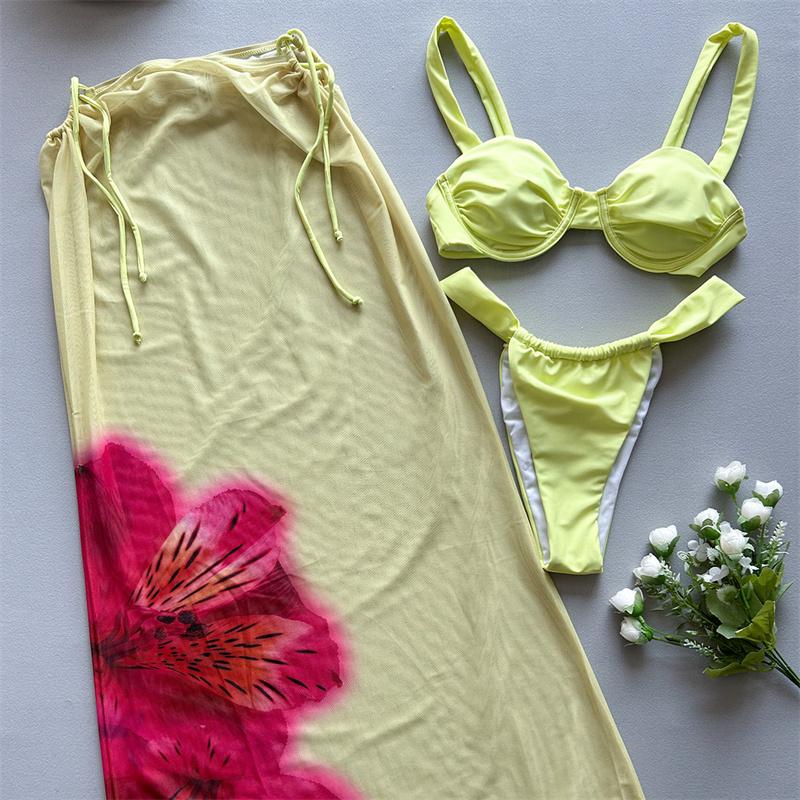 3 Pieces Bikini 2025 Sexy Women Swimsuit Swimwear Female Long Dress Cover Up Bikini Set Beachwear Bathing Suit Swimming Suit