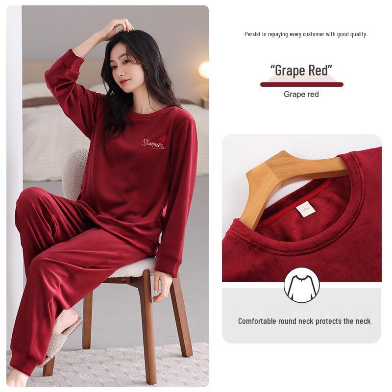 

Женская зимняя пижама на флисовой подкладке – Толстый коралловый бархат, Теплый комплект домашней одежды большого размера L