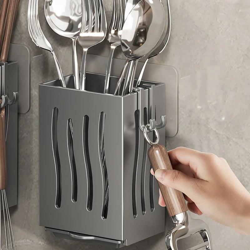 Kitchen Utensil Rack-Multifunctional Draining Chopstick Holder,Wall-Mounted or Freestanding Cutlery Storage Box, Plastic