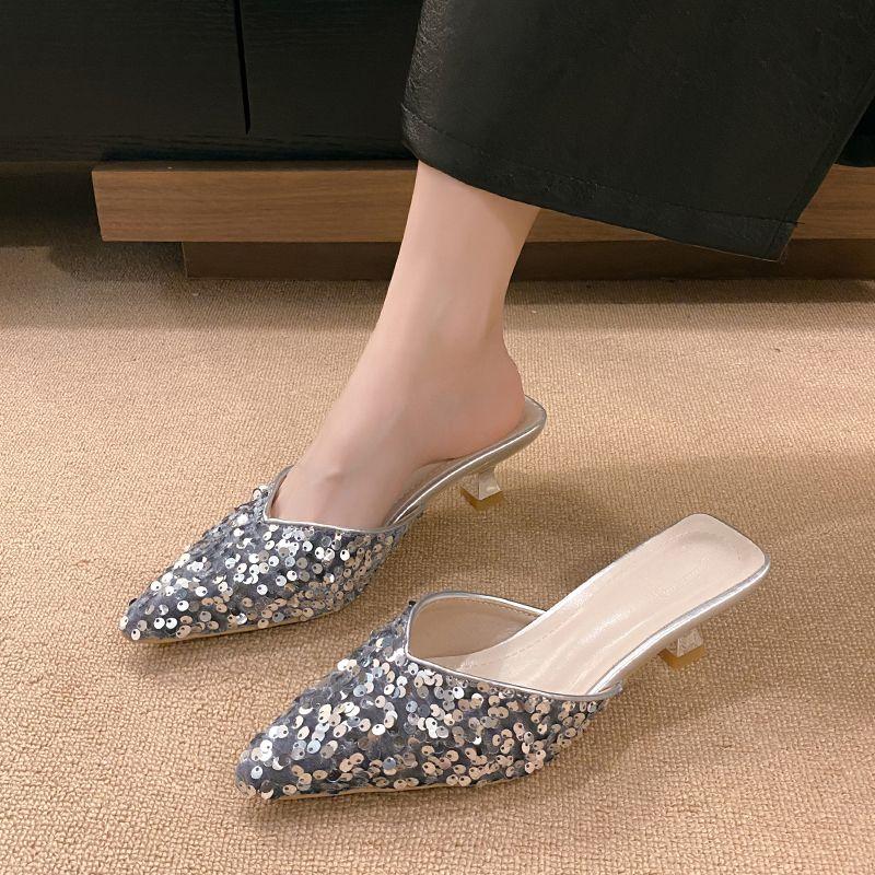 With Heel Sexy Sequins Shoes for Women Pointed Toe Woman Mules Slippers Elegant and Fashionable 2025 Luxury Non Slip Summer Sale