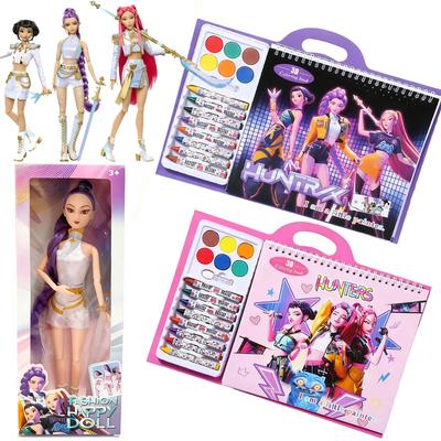 KPop Dämonenjäger 30cm Puppen (Lumi/Mira/Zoe) & Malbuch für Kinder - Anime Nachzeichnen Doodle Buch Geburtstagsgeschenk