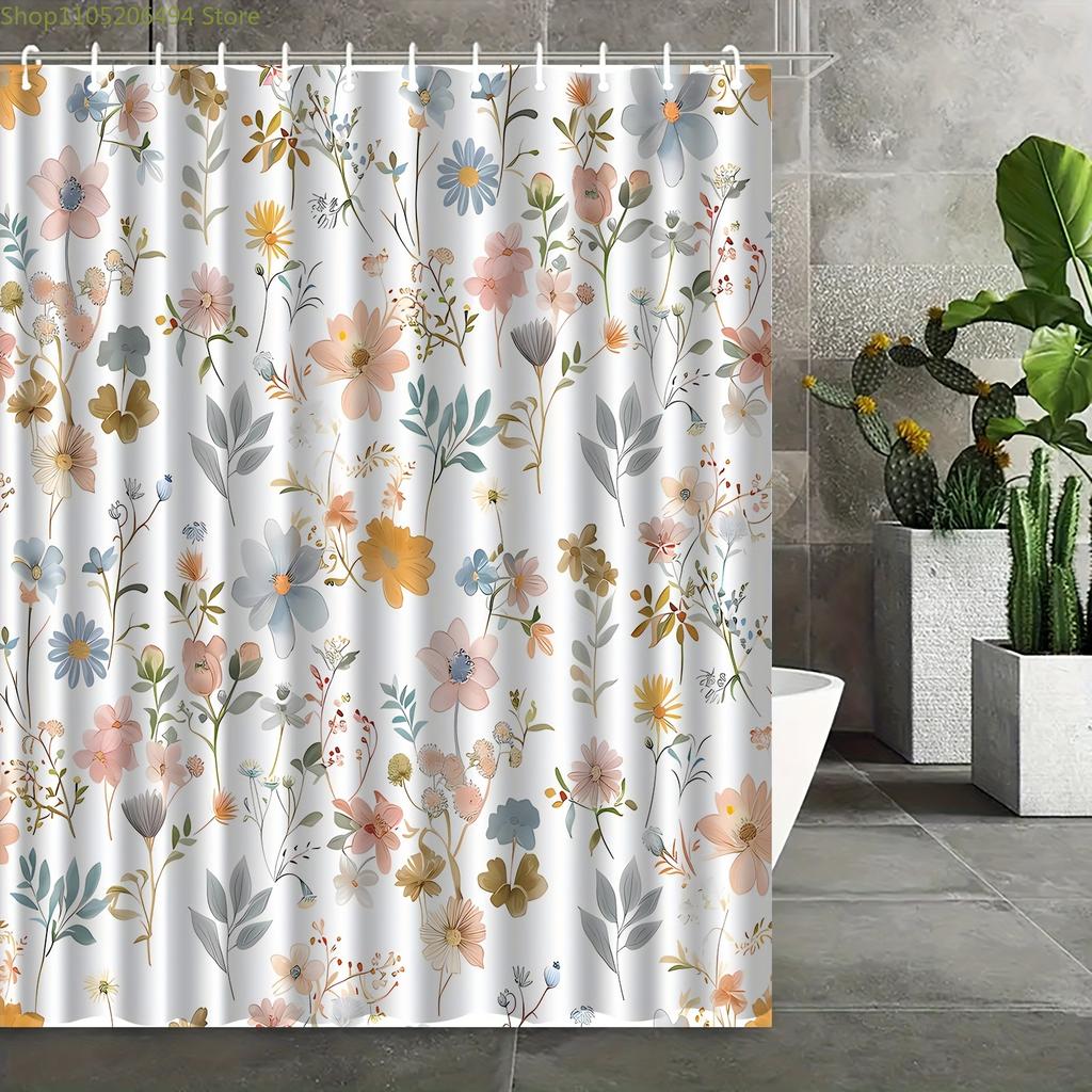 1pc Floral Pattern Printed Shower Curtain, Suitable for Home Bathroom Decoration, Easy Installation, with 12 Hooks Polyester F