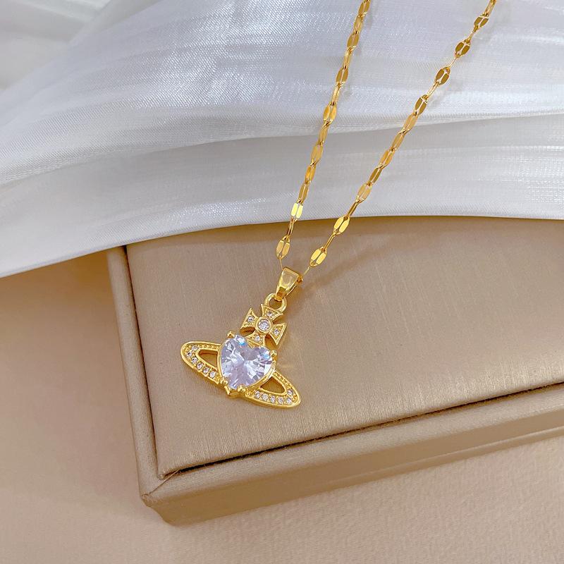 Titanium Steel Planet Love Light Luxury Temperament Full Diamond Necklace Women'S Versatile Clavicle Chain Titanium Steel Chain