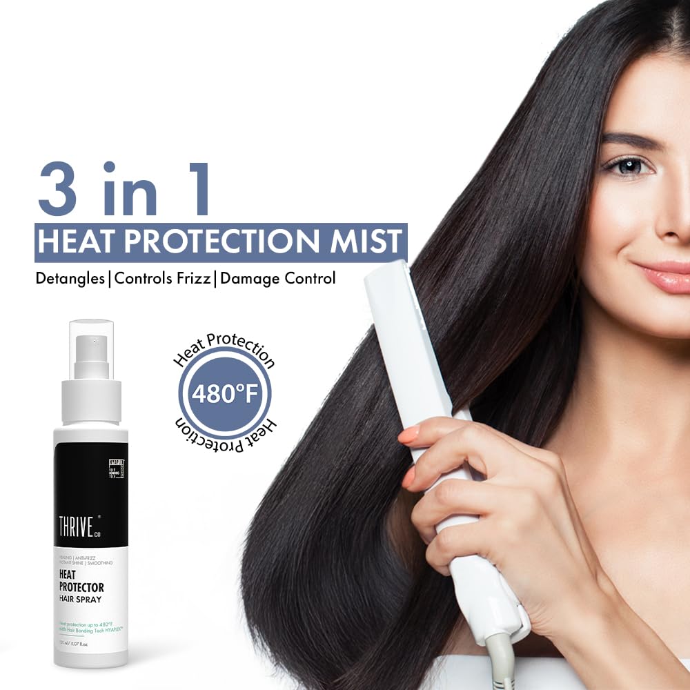 ThriveCo Heat Protection Spray For Hair -150 Ml, Hair Styling Spray For Women & Men, Heat Protectant Spray For Hair Upto 250°C & 2X Less Hair Break