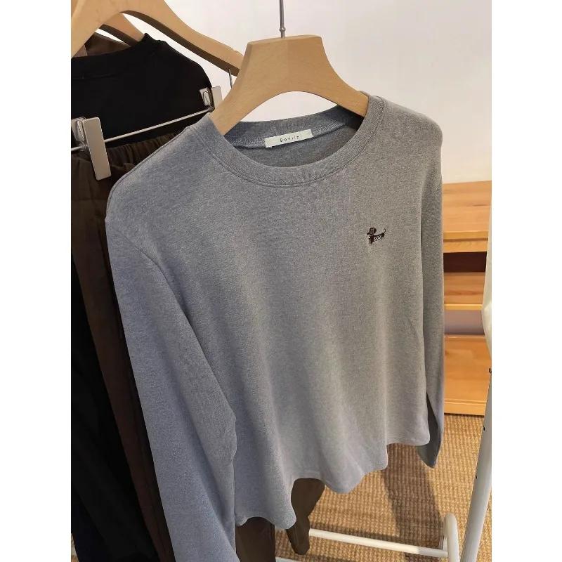 

Autumn and Winter German Velvet Bottoming Shirt with Top Embroidered Round Neck Long-sleeved T-shirt for Women L сірий колір