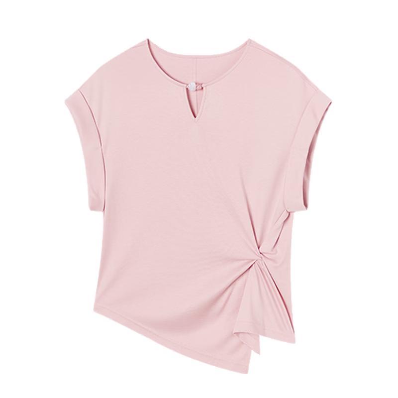 Xiangying Women s Round Neck Cutout Lyocell Blend Short Sleeve Top L