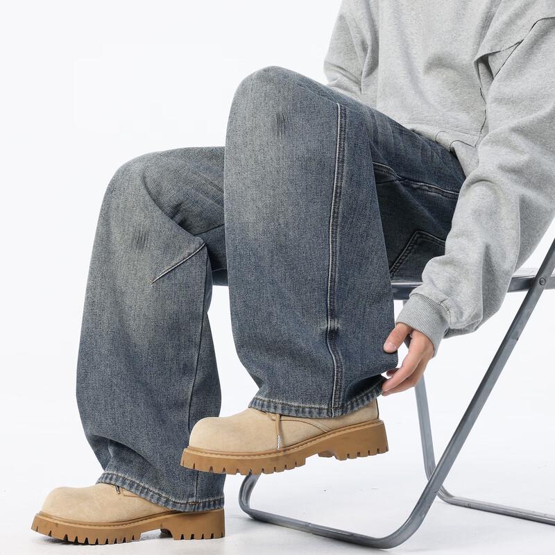 TonLion Men's Fleece-Lined Loose Fit Curved Jeans