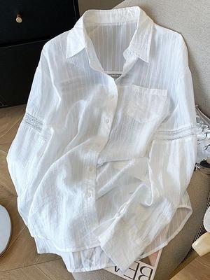Women's Hollow Lace Loose White Sun Protection Shirt - Thin, Trendy Spring/Summer Top 2026