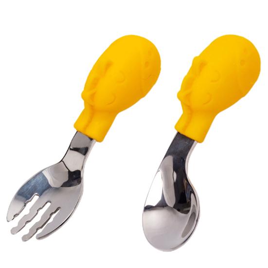 

1 комплект, детская тренировочная ложка, мультяшная изогнутая пассивированная головка, научный изгиб, силиконовые детские обучающие гаджеты, посуда A жёлтый