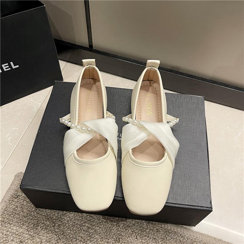 Dámské lodičky s mělkým výstřihem Mary Jane, trendy k sukni, módní nízký podpatek, k malé sukni, perlová čtvercová špička, dámské boty