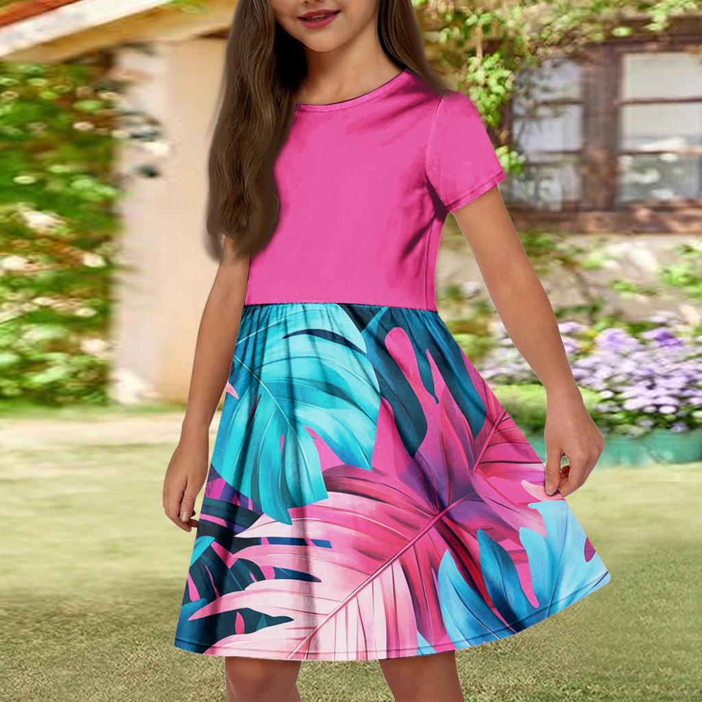 Mädchen Sommerkleid Einfarbig & Druck Ärmelloses Kleid mit Tasche Freizeitkleid Kurzarm Partykleid